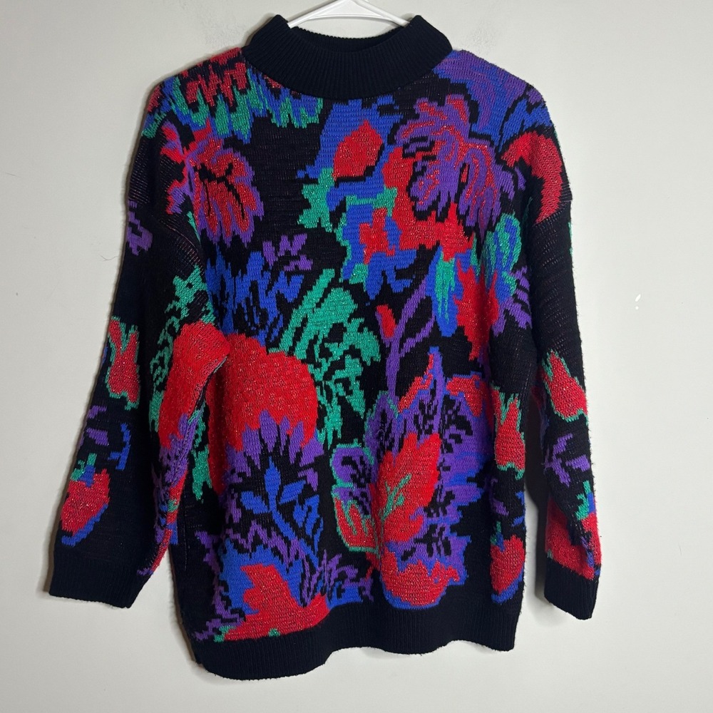 Rose Black Floral Knit Sweater Women Large